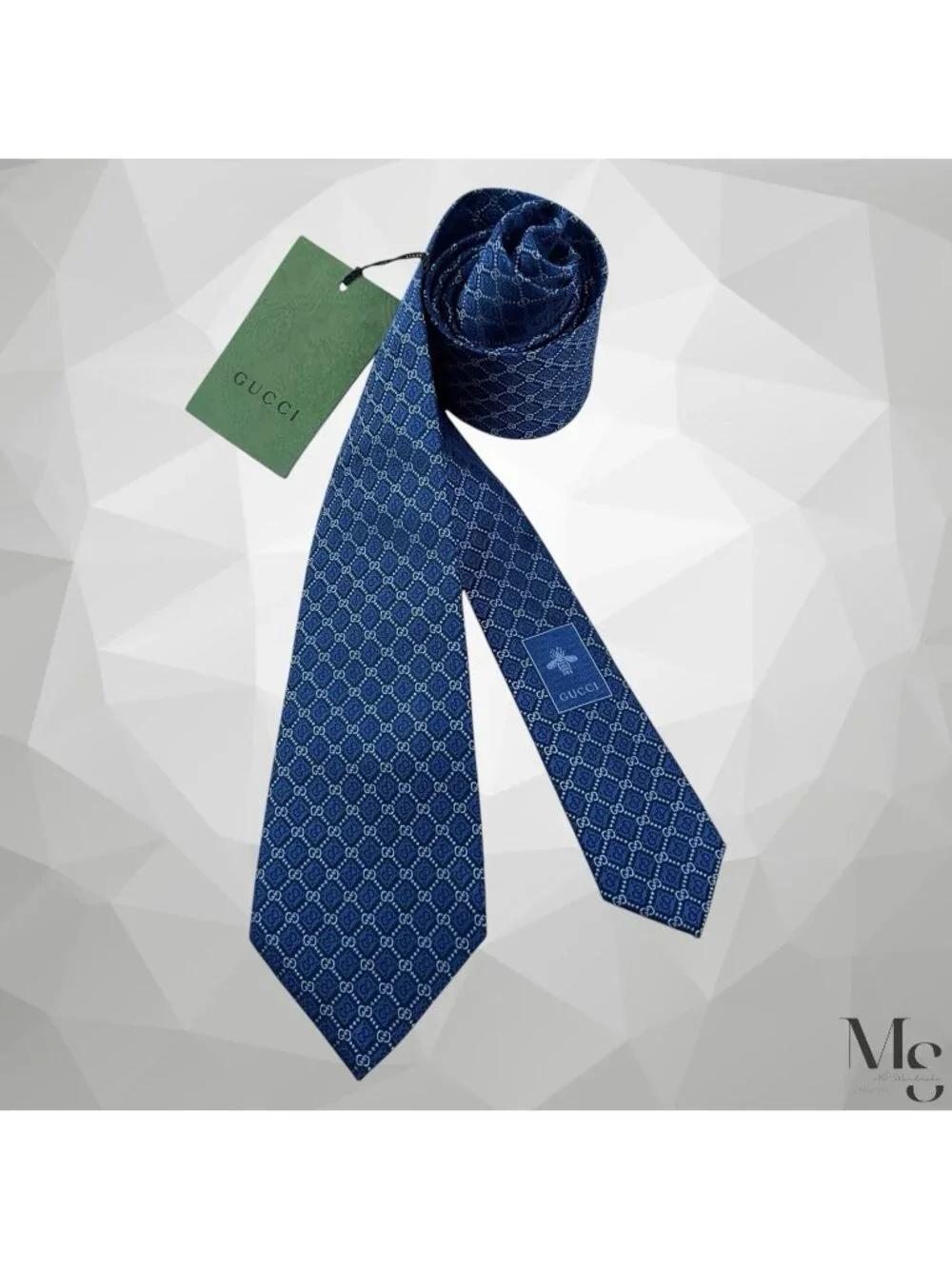 GUCCI Current Bee Tag Blue Monogrammed GG Silk Tie Made In Italy 58”-2.75